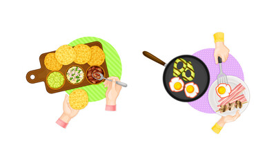 Tasty dishes and human hands set. Top view of people having breasfast at home or in restaurant vector illustration