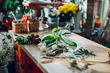 Bunch of flowers on a counter in a florist shop