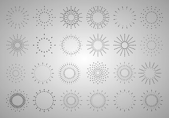 
Sunburst set. Vintage sunrise collection.  Vector light rays elements. Firework explosion, stars, emblem, logo, tag. Vector Illustration 
