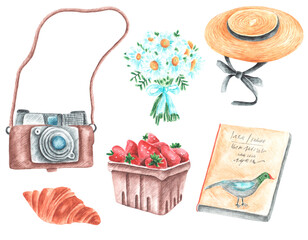 Rustic summer watercolor illustration set. Holidays, vacation. Straw hat, bouquet of daisies, strawberries, camera, book. Summer picnic. Illustrations isolated. For printing on stickers, postcards.