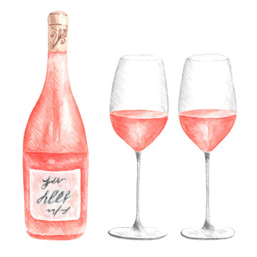 Wine and glasses watercolor illustration. Drink. Wine bottle. Pink wine. Rest. Illustrations isolated. For printing on stickers, postcards, invitations, planner.