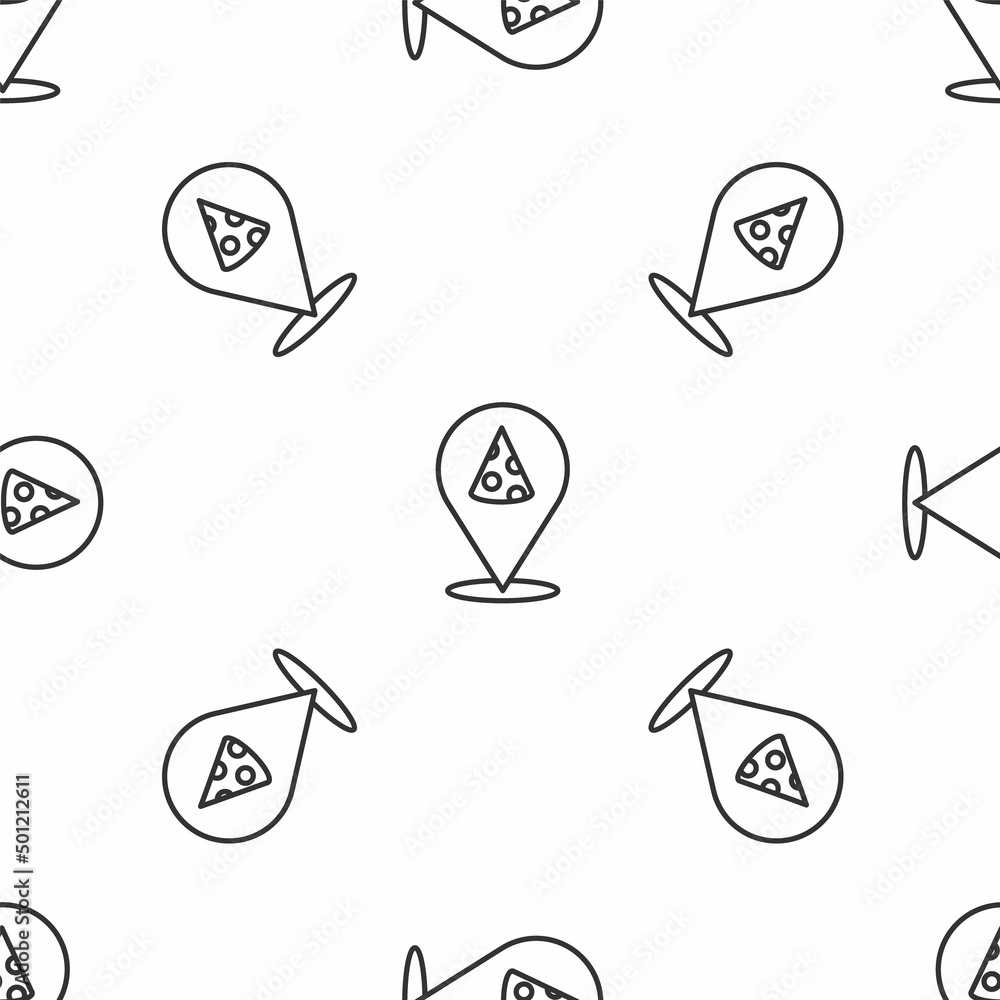Poster grey line slice of pizza icon isolated seamless pattern on white background. fast food menu. vector