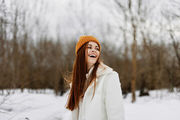 portrait of a woman Walk in winter field landscape outdoor entertainment fresh air