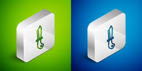 Isometric line Military knife icon isolated on green and blue background. Silver square button. Vector