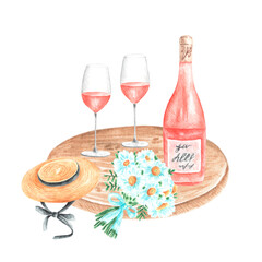 Summer picnic watercolor illustration. Straw hat. Bouquet of daisies. Wine, glasses. Wooden tray. Illustration isolated. Summer vacation. For printing on stickers, postcards, textiles, wrapping paper