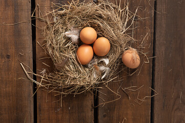 Chicken brown eggs and feathers in a nest of dry grass against the background of a wooden table of boards. High quality photo