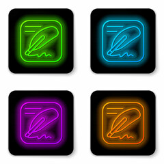 Glowing neon line Declaration of independence icon isolated on white background. Black square button. Vector