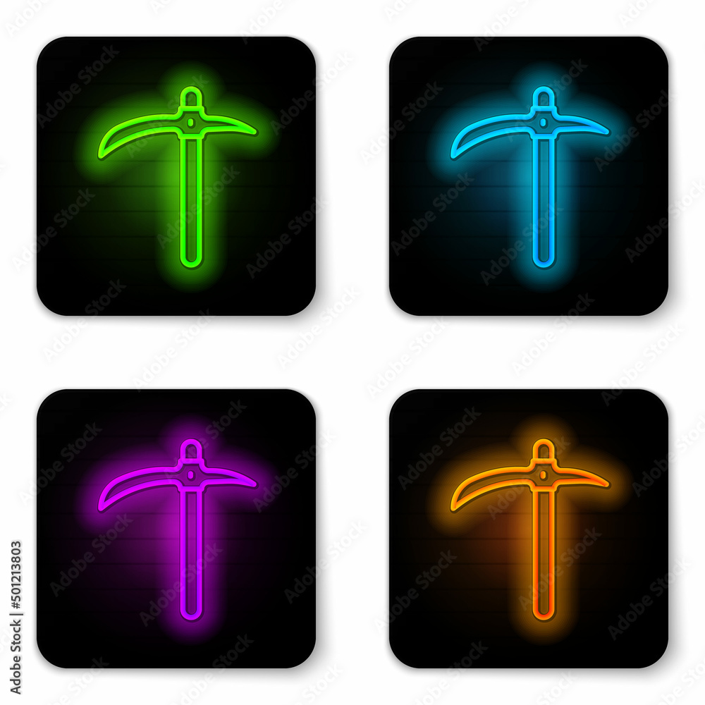 Poster glowing neon line pickaxe icon isolated on white background. black square button. vector