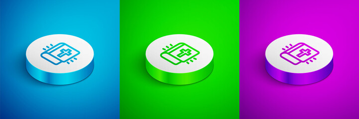 Isometric line Holy bible book icon isolated on blue, green and purple background. White circle button. Vector