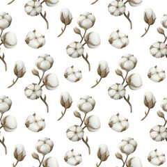 Seamless pattern with watercolor cotton twigs, . Floral ornament on a white background. Vintage boho-style plant. Sample of natural print with hand-painted cotton for fabric, textiles