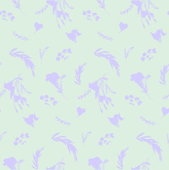 Botanical summer pattern with purple silhouettes of eustoma flowers on a green background. Seamless pattern for girls and women summer dresses textile and surface design