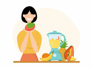 Woman is making a smoothie or cocktail from different fruits in a blender and holding a mango in her hand. Vector