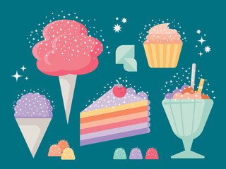 Modern colorful cake, cotton candy, and ice cream sunday vector illustrations