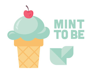 Mint ice cream cone and mint leaves vector illustration