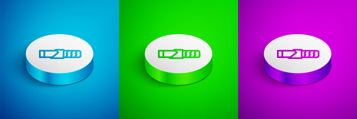 Isometric line Protein sport bar icon isolated on blue, green and purple background. Energy snack icon. Organic sweets. White circle button. Vector