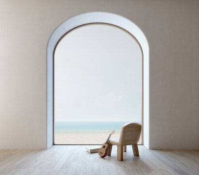 Minimal design interior.Chair ukulele and arch window with sea view.3d rendering
