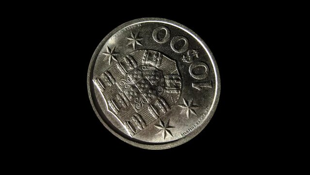 Reverse of Portugal coin 10 escudos 1971. Isolated in black background. 
