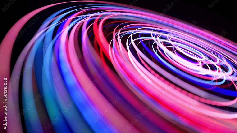 Poster light flow in ring structure, bg. 3d render. abstract background with light trails, stream of red bl