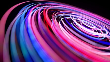 Light flow in ring structure, bg. 3d render. Abstract background with light trails, stream of red blue neon lines in space form rings. Modern trendy motion design background. Light effect