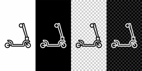 Set line Roller scooter for children icon isolated on black and white, transparent background. Kick scooter or balance bike. Vector © vector_v