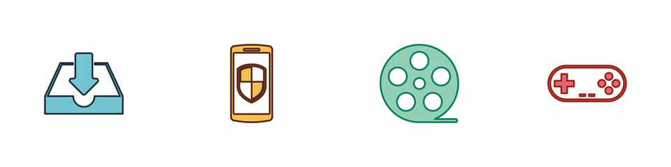 Set Download inbox, Smartphone with shield, Film reel and Gamepad icon. Vector