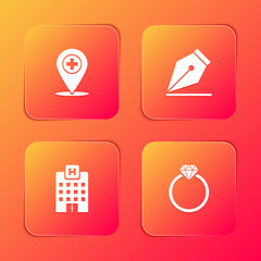 Set Medical location with cross, Fountain pen nib, hospital building and Diamond engagement ring icon. Vector