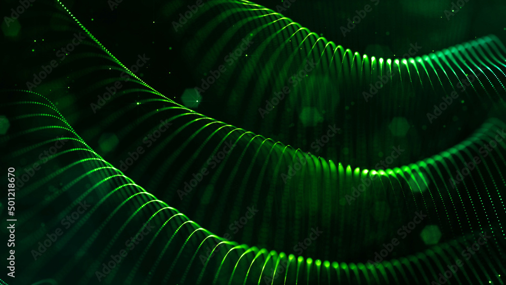 Poster abstract sci-fi background with glow particles form curved lines, surfaces, hologram structures or v
