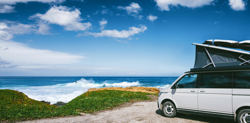 The new 2021 Volkswagen VW Transporter Camping Van T6.1 California Ocean in the coastal Nature - obrazy, fototapety, plakaty