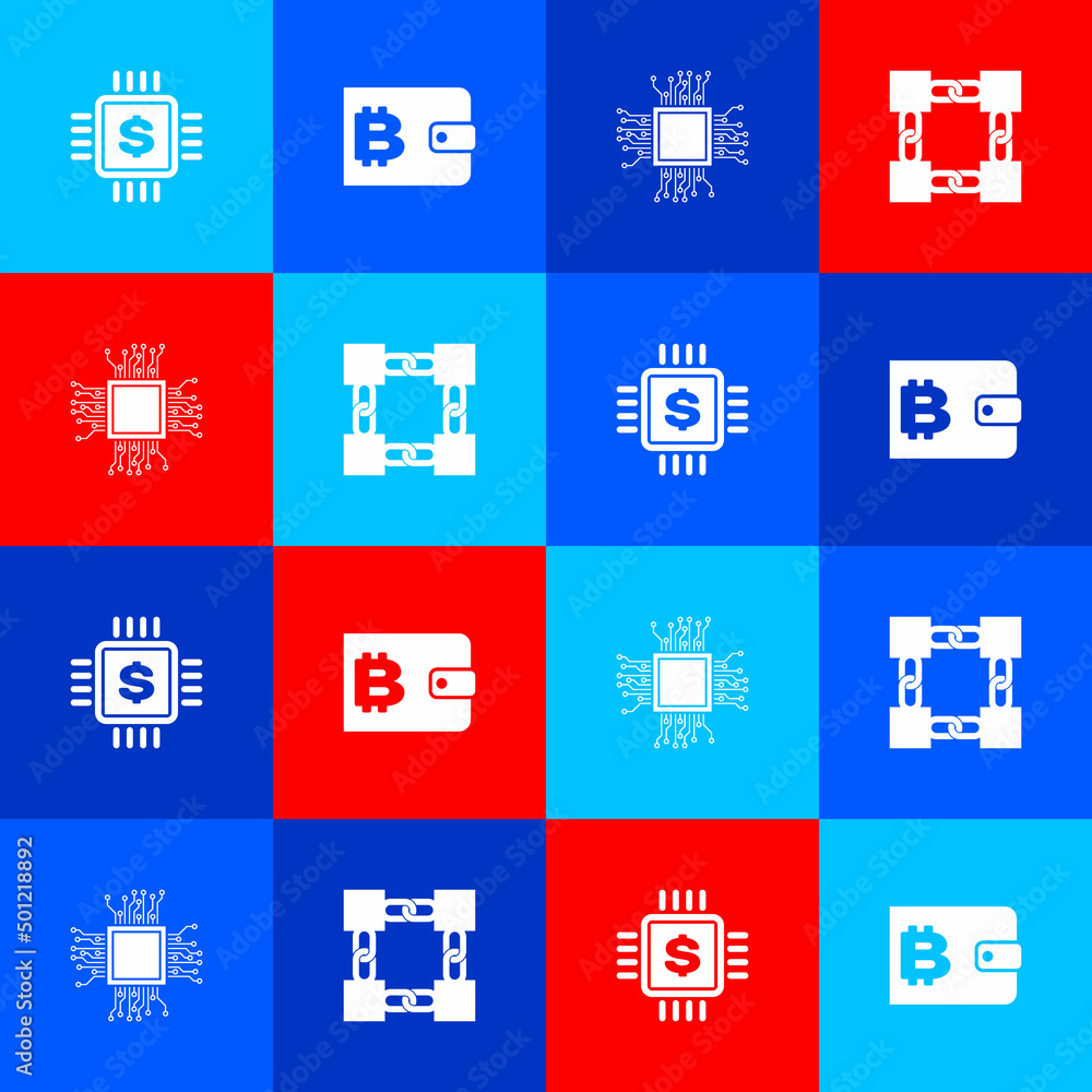 Poster set processor chip with dollar, cryptocurrency wallet, and blockchain technology icon. vector
