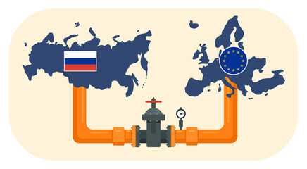 Illustration of a pipe with energy resources between Russia and the European Union. Deliveries of oil, gas between countries. Isolated objects on a light background.