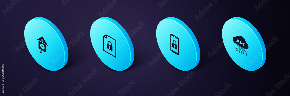 Poster set isometric cloud api interface, smartphone with lock, document and and retro wall watch icon. vec