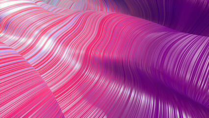 3d render. Shining purple surface, bright colorful background. Beautiful abstract background of waves on surface, color gradients, extruded lines as striped fabric surface with folds or waves