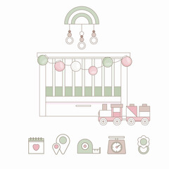 Fototapeta premium Set of cute baby shower card or nursery poster.Baby announcement card.Trendy baby and children elements