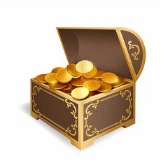 Elegant vintage box full of gold coins. Isolated on white. Vector illustration.