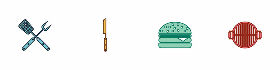 Set Crossed fork and spatula, Barbecue knife, Burger and grill icon. Vector