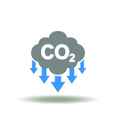 Vector illustration of CO2 cloud with arrows down. Icon of carbon dioxide reduction. Symbol of reduce carbon dioxide.