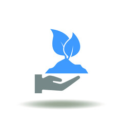 Vector illustration of hand hold soil with sprout. Icon of food technology. Symbol of ecology farming.