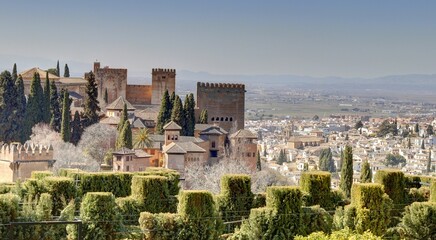 Fototapeta na wymiar palais de l'Alhambra à Grenade et du palais de Generalife en Andalousie au sud de l'Espagne et quartier de l'Albayzin