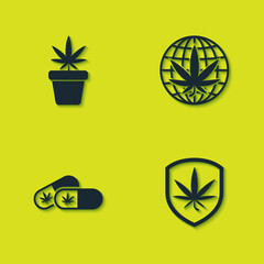 Set Marijuana plant in pot, Shield and marijuana, Medical pills with and Legalize icon. Vector