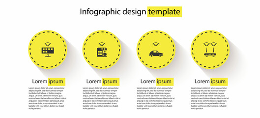 Set Smart Tv system, coffee machine, car with wireless and Router and wi-fi signal. Business infographic template. Vector