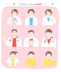 笑顔で案内する男女の白衣を着た医者と子供　主線なしカラフルイラストセット