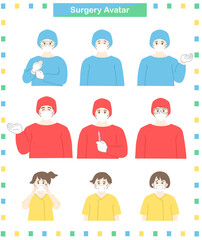 手術着を着た男女の医師と子供の主線なしイラストセット
