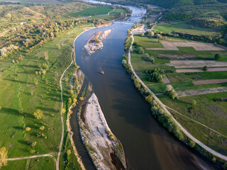 Aerial Sunset view of Struma river, Bulgaria
