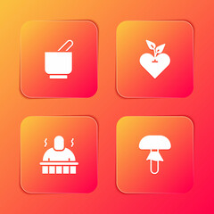 Set Mortar and pestle, Heart, Sauna spa procedures and Mushroom icon. Vector