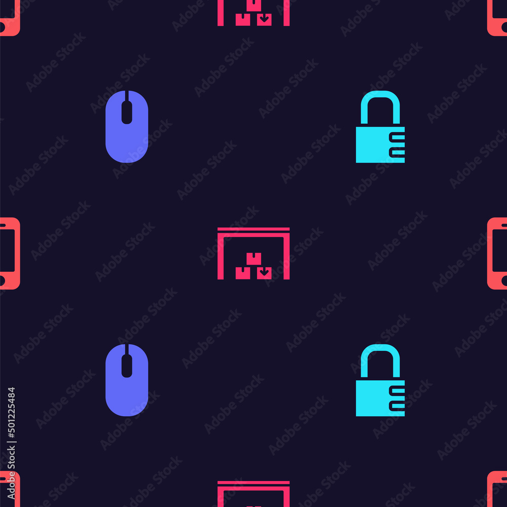 Poster set safe combination lock, computer mouse, warehouse and smartphone on seamless pattern. vector