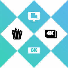 Set Popcorn in box, Screen tv with 8k, Camera and location and 4k Ultra HD icon. Vector