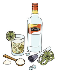 Stylish hand-drawn doodle cartoon style Caipirinha cocktail composition. A bottle of cachaca, sugar and lime. Goof for bar menu, cook book recipe, stickers or cards.