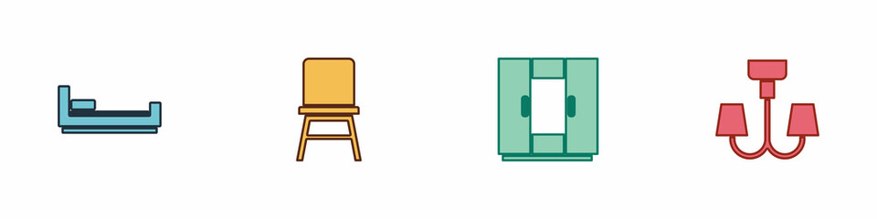 Set Bed, Chair, Wardrobe and Chandelier icon. Vector