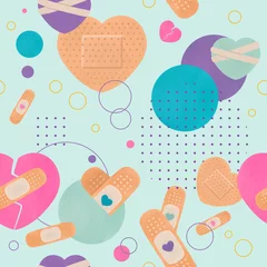 Fototapeten Abstract arts background in pastel colors with sticking plasters, heart with bandages, etc. Colorful seamless pattern with various shapes and line art objects. Contemporary modern trendy illustrations © Katya Ptitsa