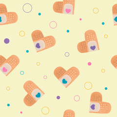 Colorful seamless pattern in pastel colors with heart shaped medical patches and line circle. Contemporary modern trendy illustrations on yellow background. Good for fabric print, wrapping paper, etc.